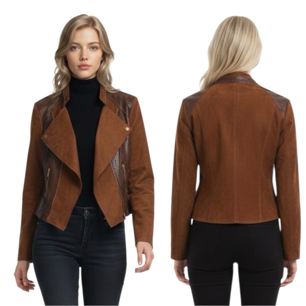 NWT Maakif Brown Faux Suede Crocodile Snake Print Open Front Moto Jacket